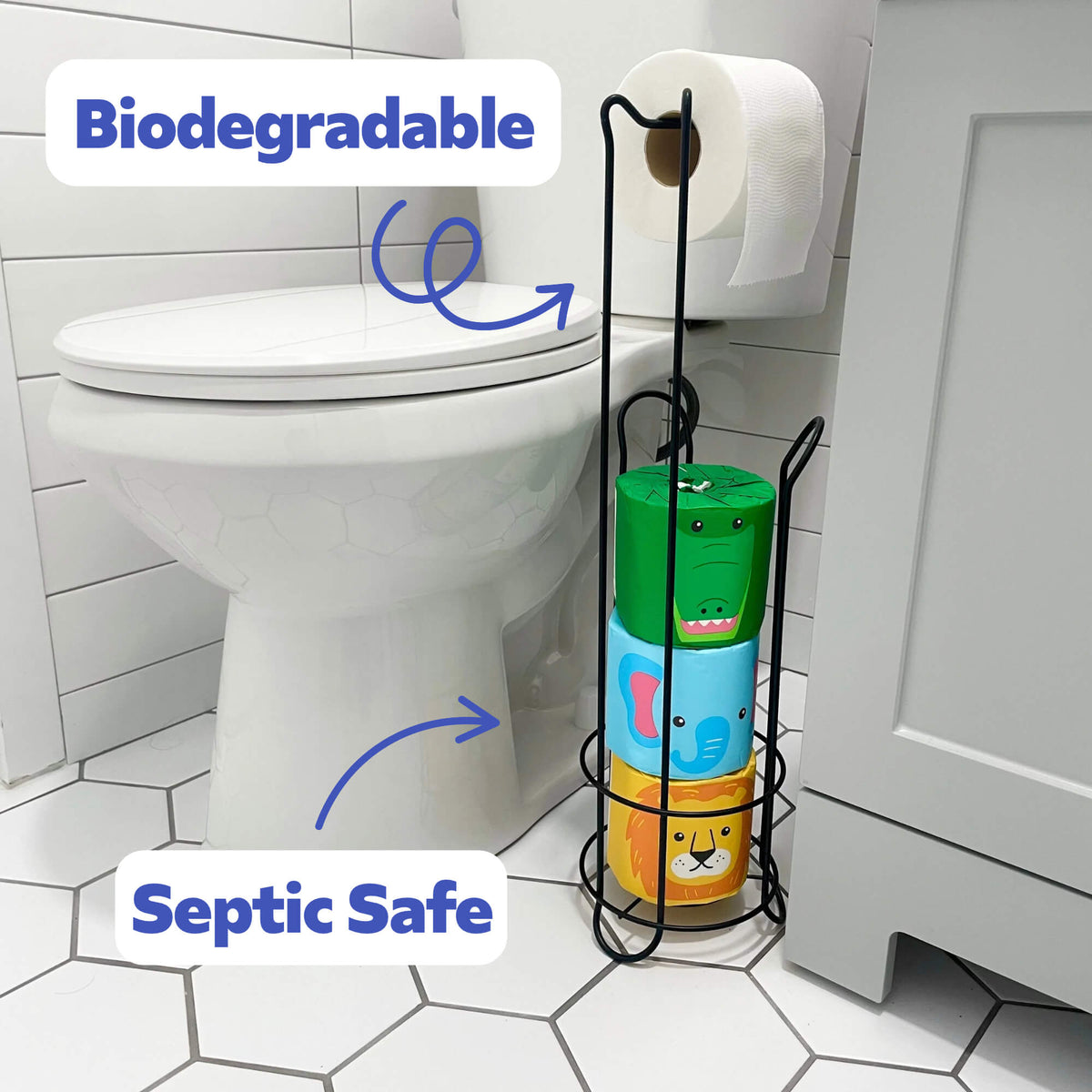 3 rolls of wrapped bamboo toilet paper and one unwrapped roll of bamboo toilet paper set next to a toilet. Caption reads 'BIODEGRADABLE' and 'SEPTIC SAFE'.