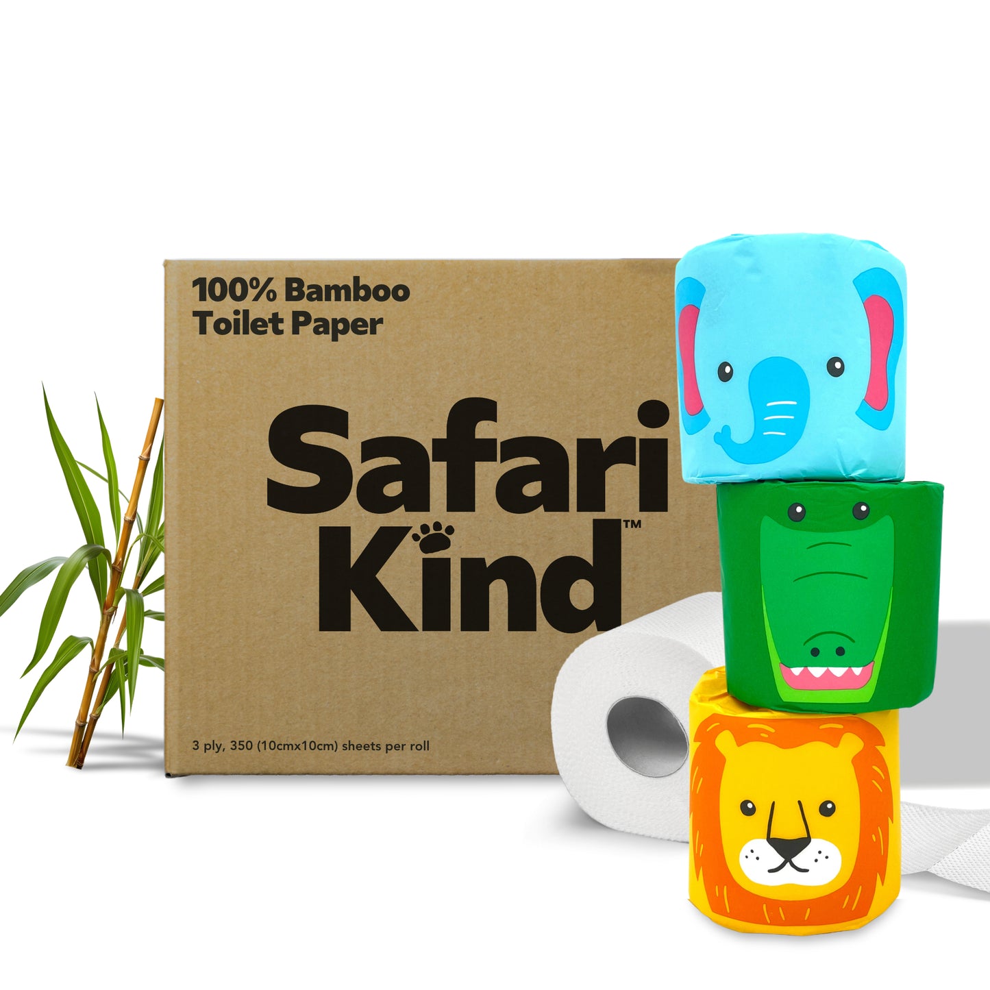 Safari Kind 100% bamboo toilet paper box with three colorful animal-shaped rolls stacked on top of a white toilet paper roll. The rolls are styled like a blue elephant, a green crocodile, and a yellow lion face, with a small bamboo plant stem on the left.