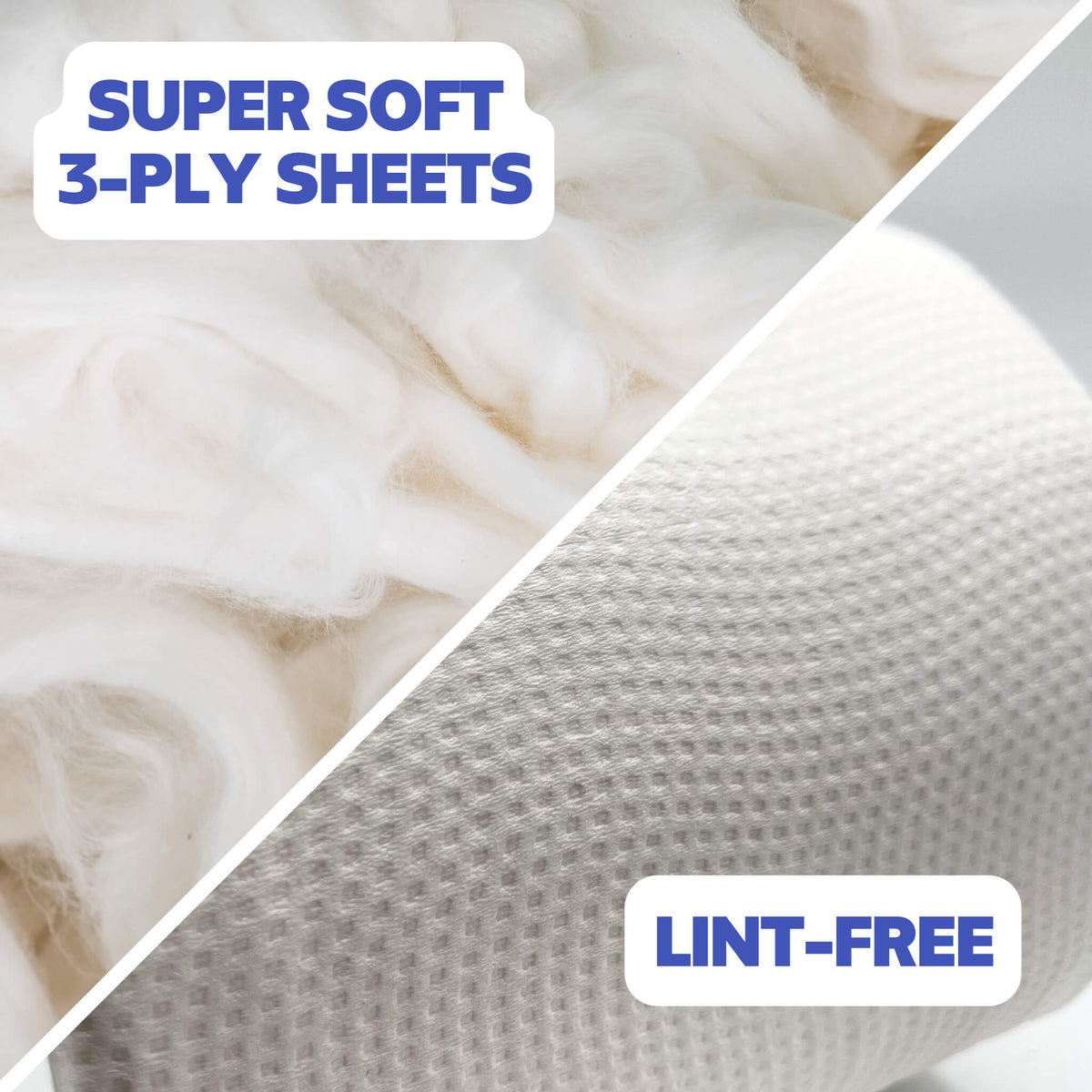Super soft 3-ply bamboo toilet paper up close. Caption reads 'SUPER SOFT 3-PLY SHEETS' and 'LINT-FREE'